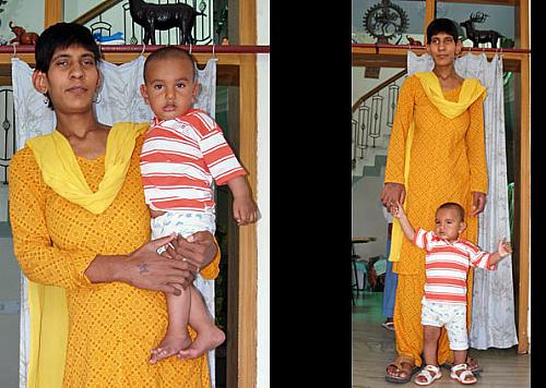 Svetlana Singh, de 2,19 metros e 21 anos, segura o filho Karan, de 10 meses e 1 metro