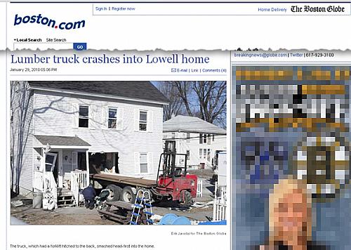 Foto publicada em jornal local mostra o caminhão e a casa após o acidente