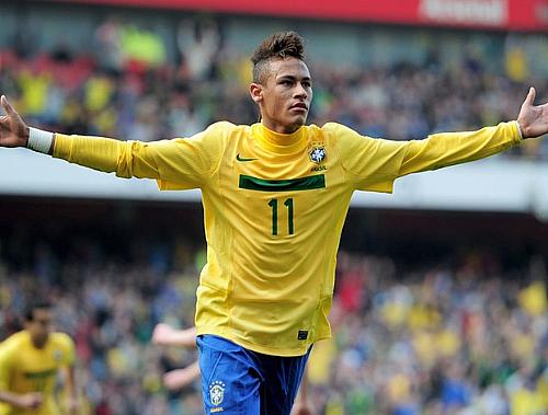 Neymar comemora o gol da Seleção Brasileira sobre a Escócia, em Londres