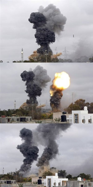 Sequência de explosões mostra ataques a região próxima a uma das casas de Kadhafi, em Trípoli