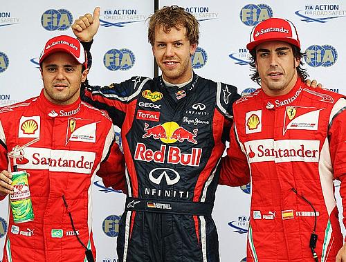 Vettel (ao centro), Alonso (à direita) e Massa ficaram com os três melhores tempos