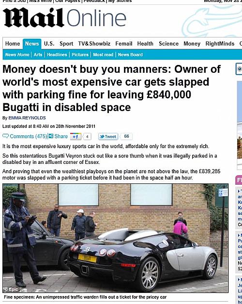 Dono de um Bugatti Veyron foi multado após parar em uma vaga destinada para deficientes