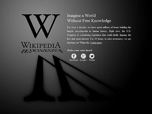 Mensagem mostrada no site Wikepedia em protesto contra lei antipirataria.