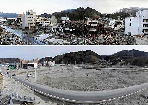Em Onagawa, cinco dias após o tsunami, o cenário era de destruição. Na foto de baixo, do dia 7 de março de 2012, é possível notar que praticamente todas as construções vieram a baixo