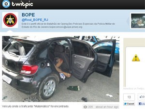 Bope publica no Twitter foto do carro com o corpo do traficante 'Matemático'