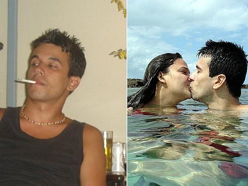 Felipe deixou de fumar a pedido da mulher e melhorou a saúde e o casamento. À esquerda, ele aparece ainda sem a tatuagem no braço esquerdo; e à direita o casal se diverte na praia
