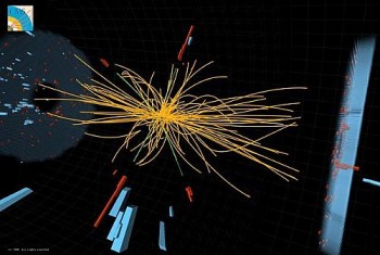 Ilustração de uma colisão entre partículas promovida pelo acelerador LHC. É com experimentos como esse que os cientistas estudam partículas como o bóson de Higgs