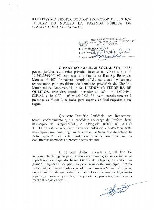 Documentos protocolados no MP contra Rogério Teófilo