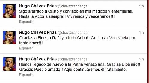 Hugo Chávez reapareceu no Twitter para dizer que já está na Venezuela.
