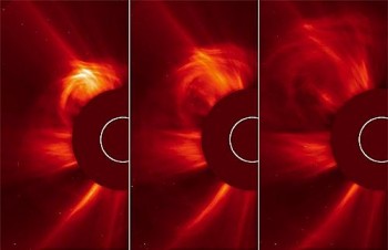 Sol é bloqueado por 'discos' para dar uma visão mlhor da erupção ocorrida na 'atmosfera' da estrela, a chamada coroa. Uma ejeção de massa foi registrada nesta sexta (15)