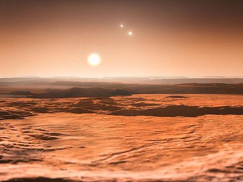 Impressão artística mostra uma vista do exoplaneta Gliese 667Cd em direção à sua estrela progenitora