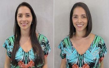 A designer floral Camila Sesma antes e depois de cortar os cabelos para doar para o projeto Rapunzel Solidária