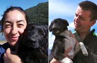 Eleni e Sérgio com cães que ajudaram pelo caminho na viagem à Patagônia; projeto agora quer ir até o Alasca