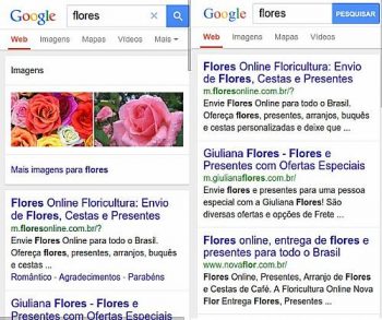 Google lança versão leve da página de busca para aparelhos móveis; a imagem mostra resultados antes e após a mudança