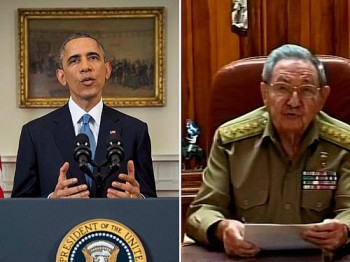 Combinação de fotos mostra os presidentes Barak Obama e Raul Castro durante o anúncio da retomada das relações diplomáticas entre EUA e Cuba