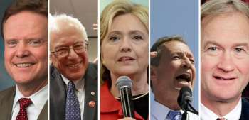 Pré-candidatos democratas Webb, Sanders, Hillary, O´Malley e Chafee 