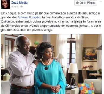 Zezé Motta postou uma despedida para Antônio Pompêo 