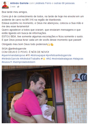 Arlindo Garrote publicou mensagem no Facebook